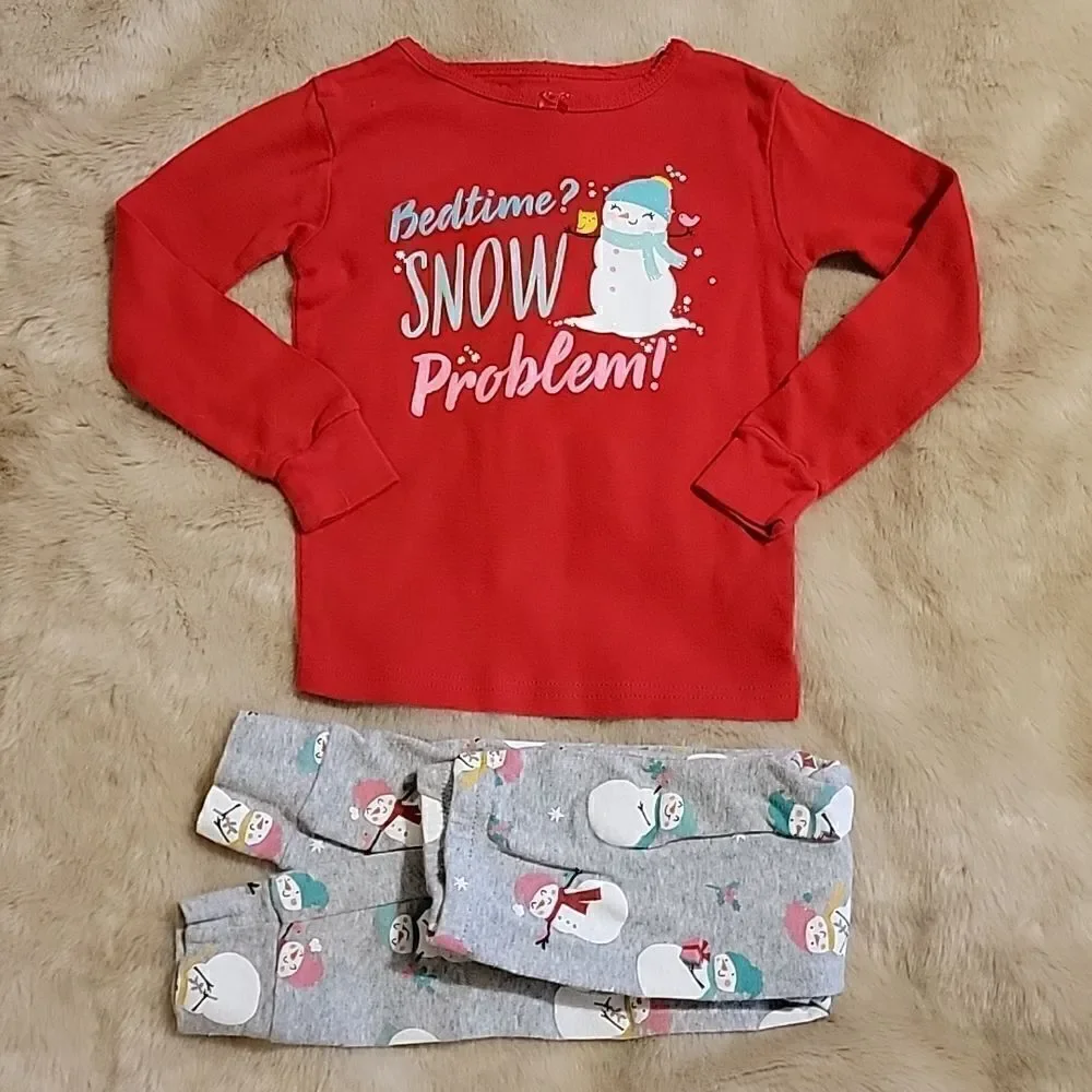 GIRL'S CARTER'S 2-PIECE RED AND GRAY SNOWMEN PAJAMAS, SIZE 4T